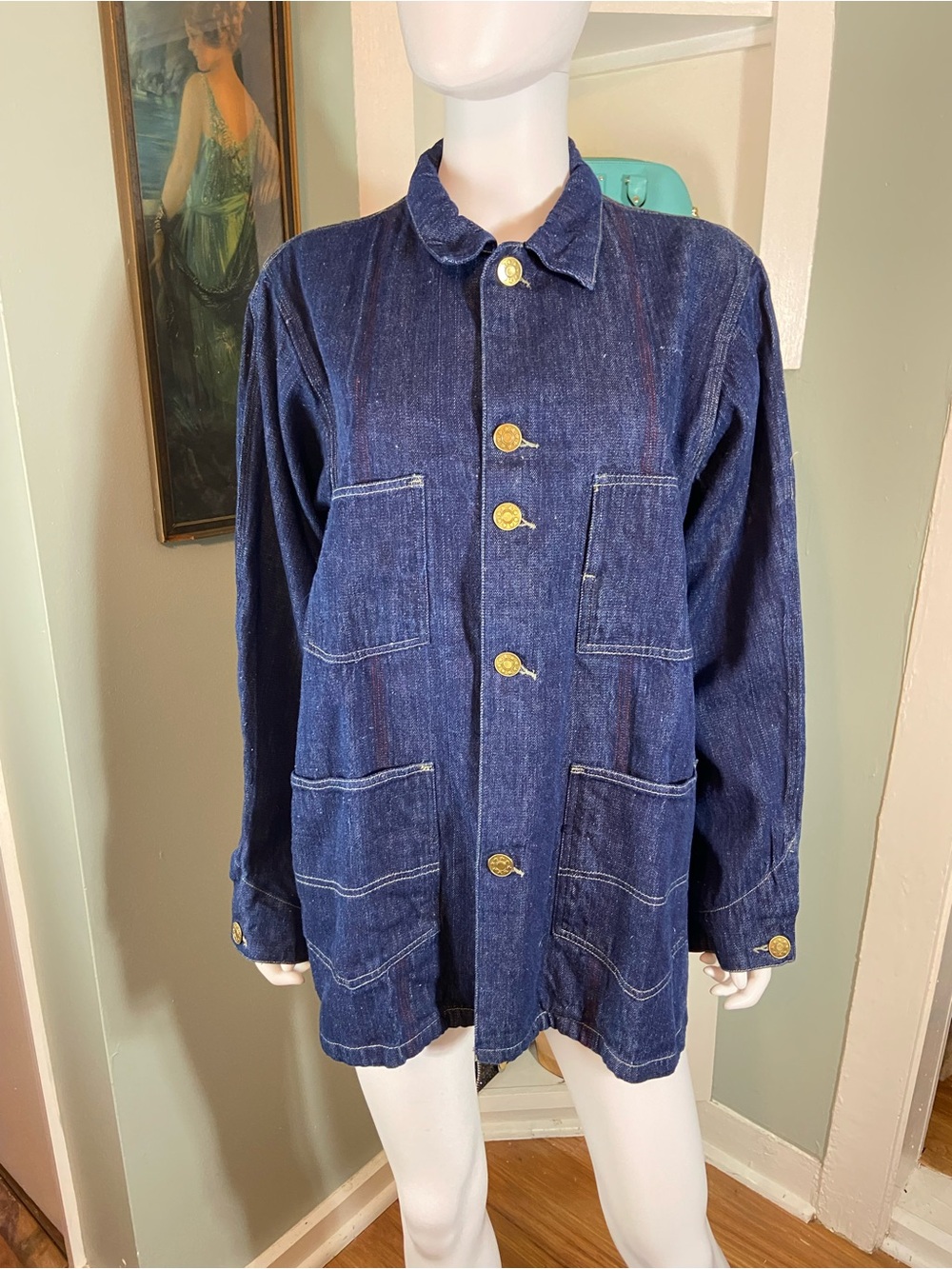 Auntie Doti Women's Indigo Denim Utility Jacket Patch Pockets Large L Retro